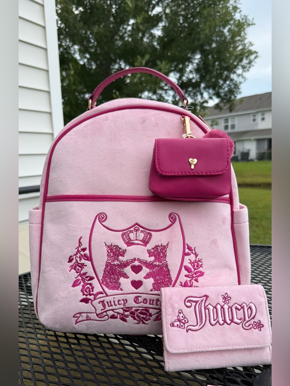 Juicy Couture Pink Velvet Backpack with Fuchsia Accents and wallet set
